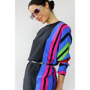80s Vtg Oleg Cassini Black & Multicolor Pop Art Stripe Sheath Silk Dress Sz 16